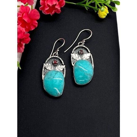 SILVER TURQUOISE RUBY LEAF WESTERN BOHO DANGLE EARRINGS - Picture 4 of 5
